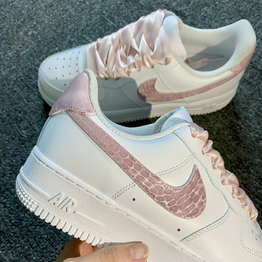 Custom Air Force 1 White And Baby Pink With Crocodile Pattern Swoosh