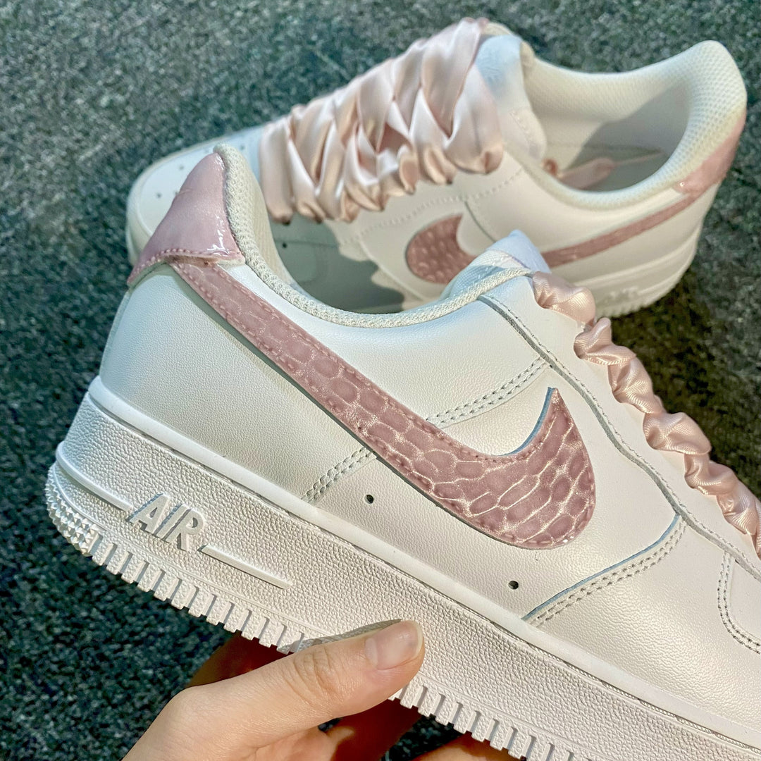 Custom Air Force 1 White And Baby Pink With Crocodile Pattern Swoosh