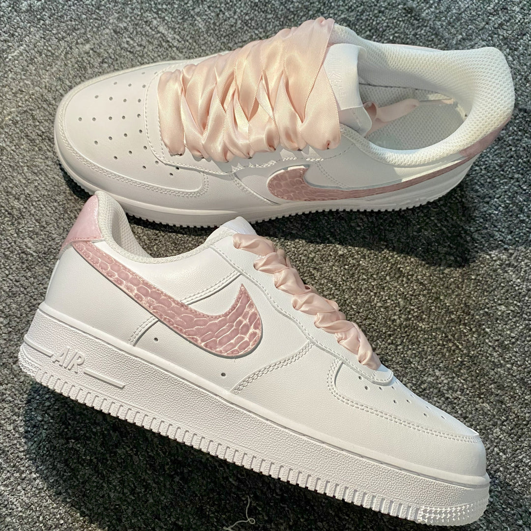 Custom Air Force 1 White And Baby Pink With Crocodile Pattern Swoosh