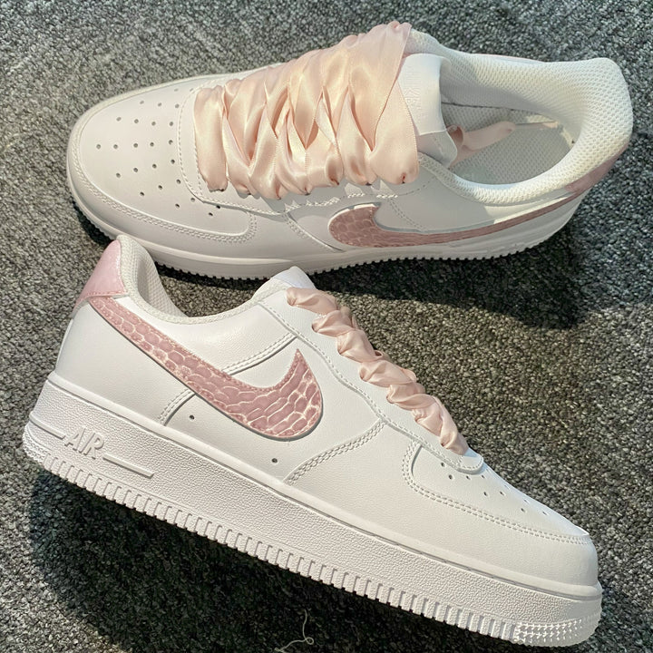 Custom Air Force 1 White And Baby Pink With Crocodile Pattern Swoosh