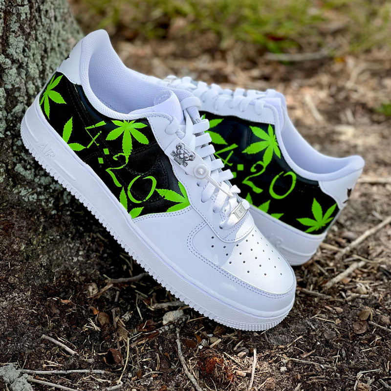 Custom Air Force 1 White And Black With Green Marijuana Leaf