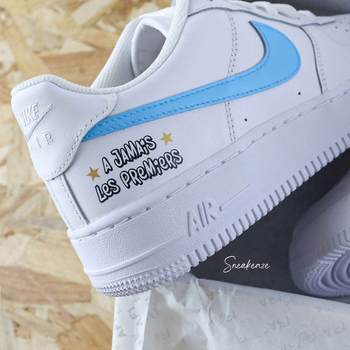 Custom Air Force 1 White Baby Blue Star And Text Graphic