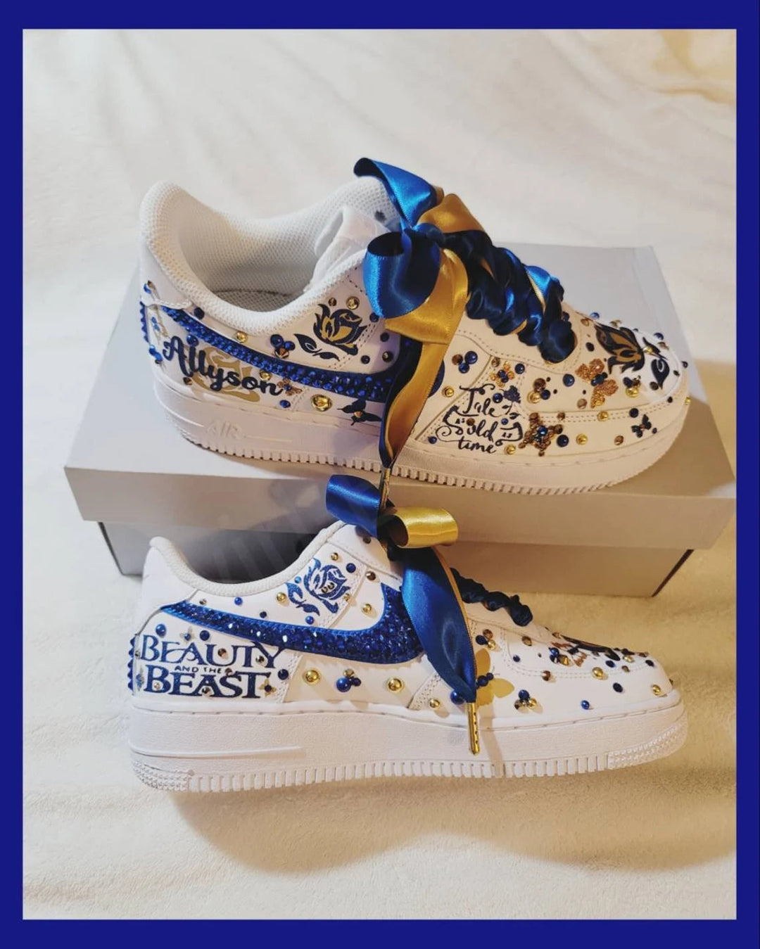 Custom Air Force 1 White Blue Gold with Beauty and the Beast Theme and Rhinestones
