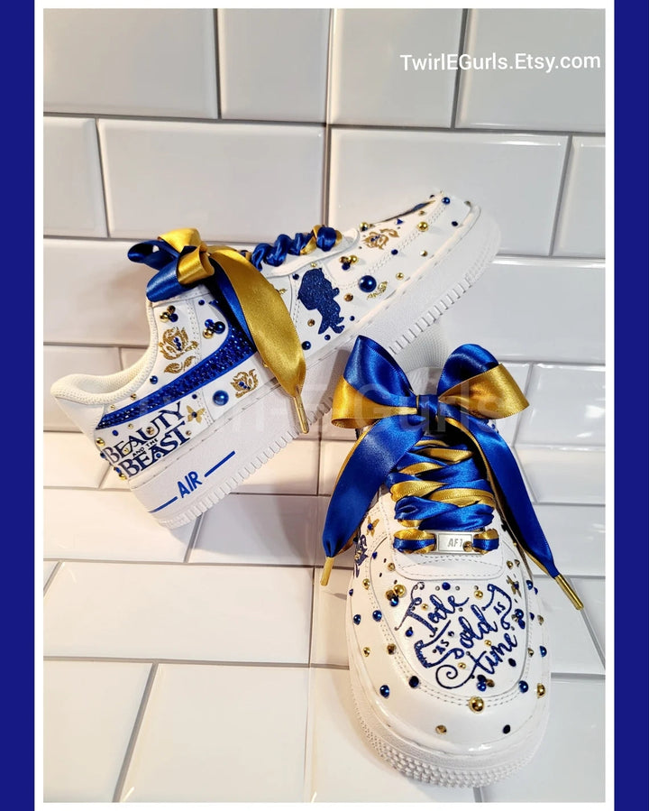 Custom Air Force 1 White Blue Gold with Beauty and the Beast Theme and Rhinestones