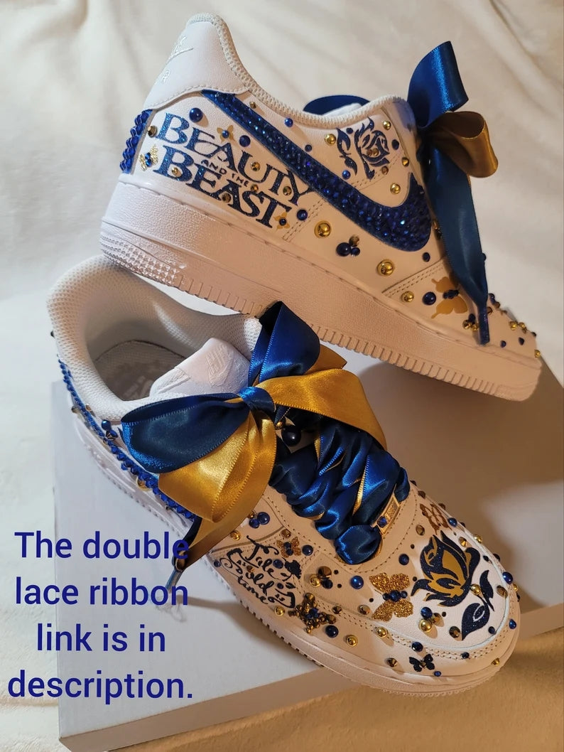 Custom Air Force 1 White Blue Gold with Beauty and the Beast Theme and Rhinestones