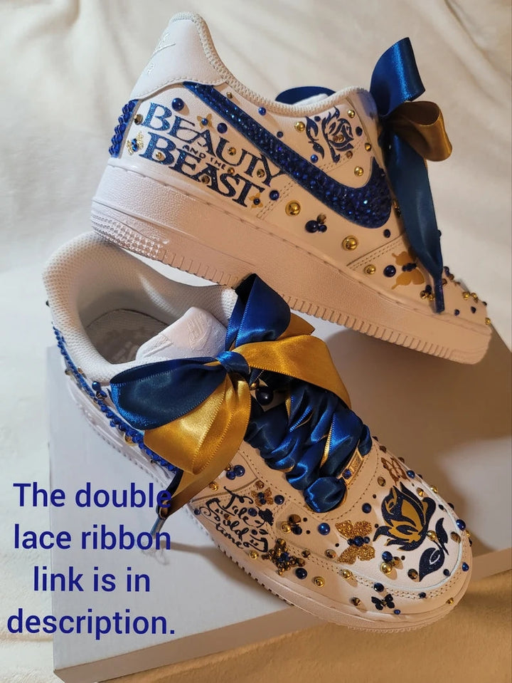 Custom Air Force 1 White Blue Gold with Beauty and the Beast Theme and Rhinestones