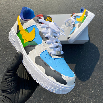 Custom Air Force 1 White Blue Yellow And Green With Camouflage Pattern
