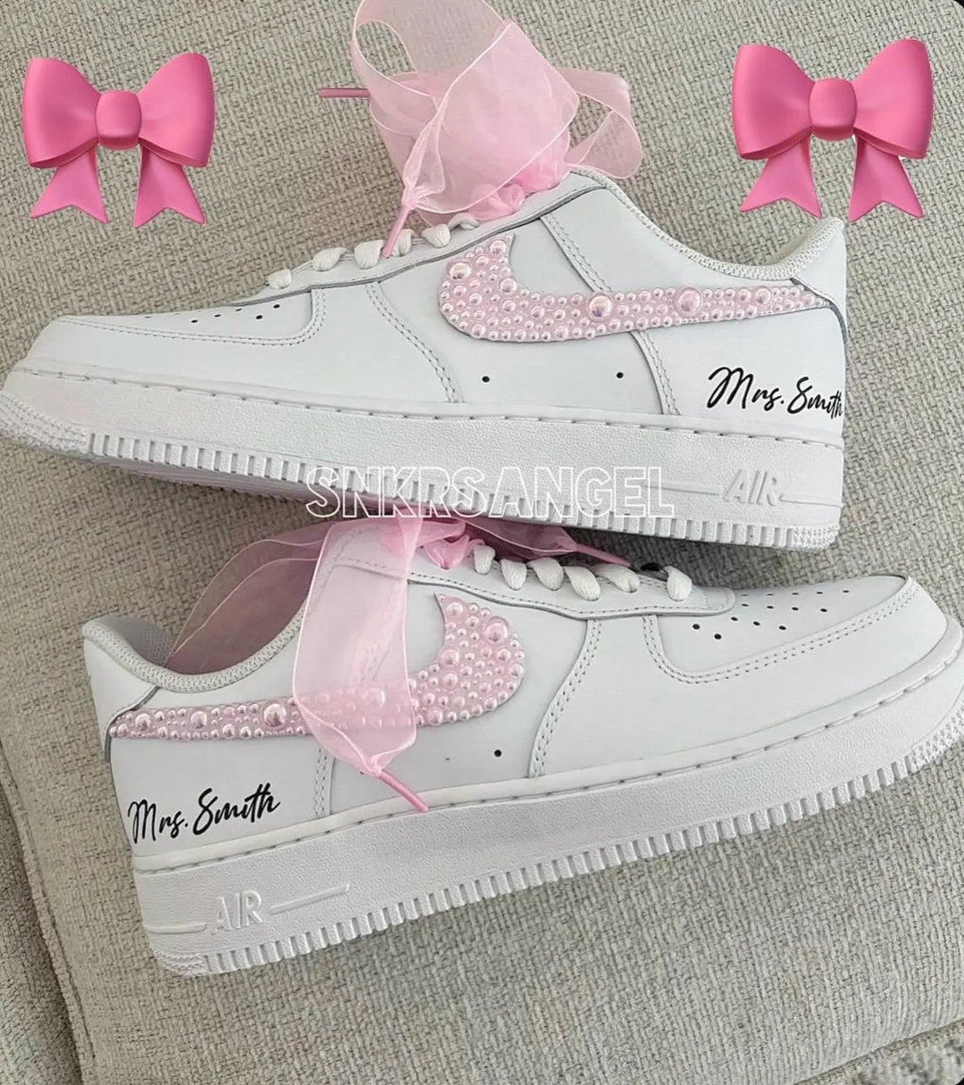 Custom Air Force 1 White Pink Pearl Embellishment With Bow