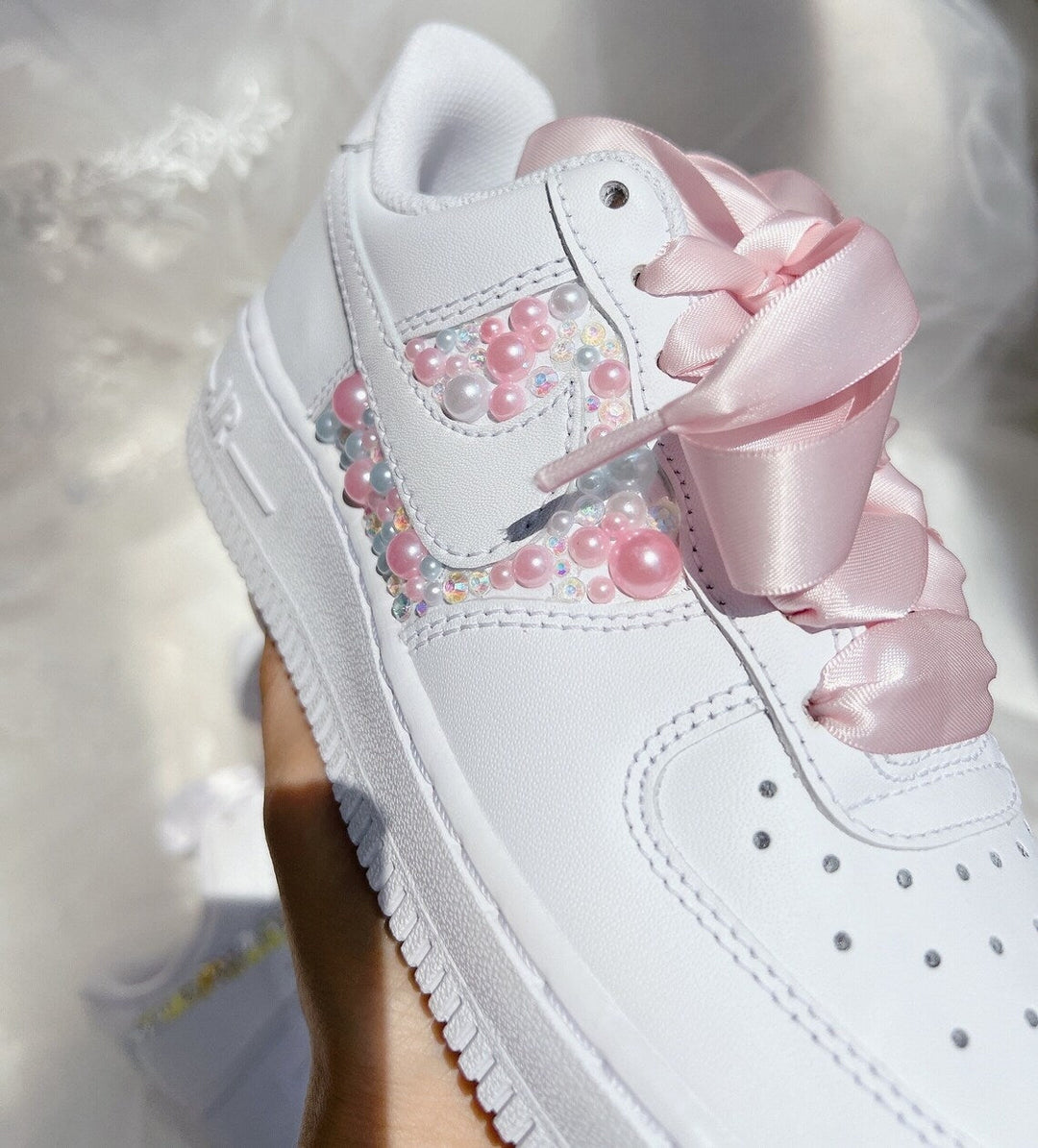 Custom Air Force 1 White with Baby Pink Pearls and Ribbon