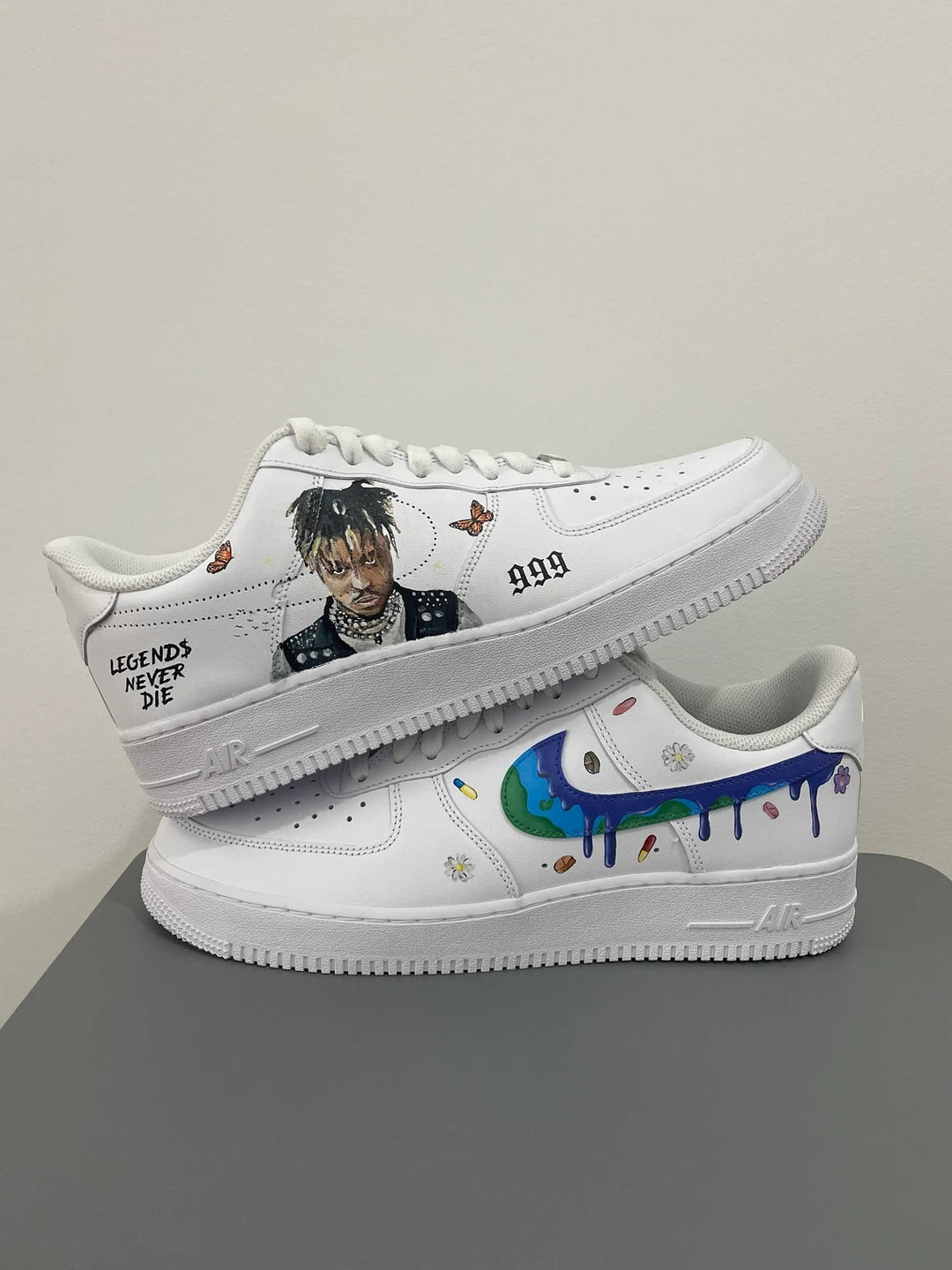 Custom Air Force 1 White With Dripping Logo Butterfly And Portrait Design