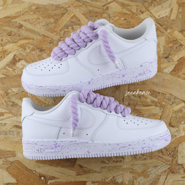 Custom Air Force 1 White With Lavender Splatter And Braided Laces