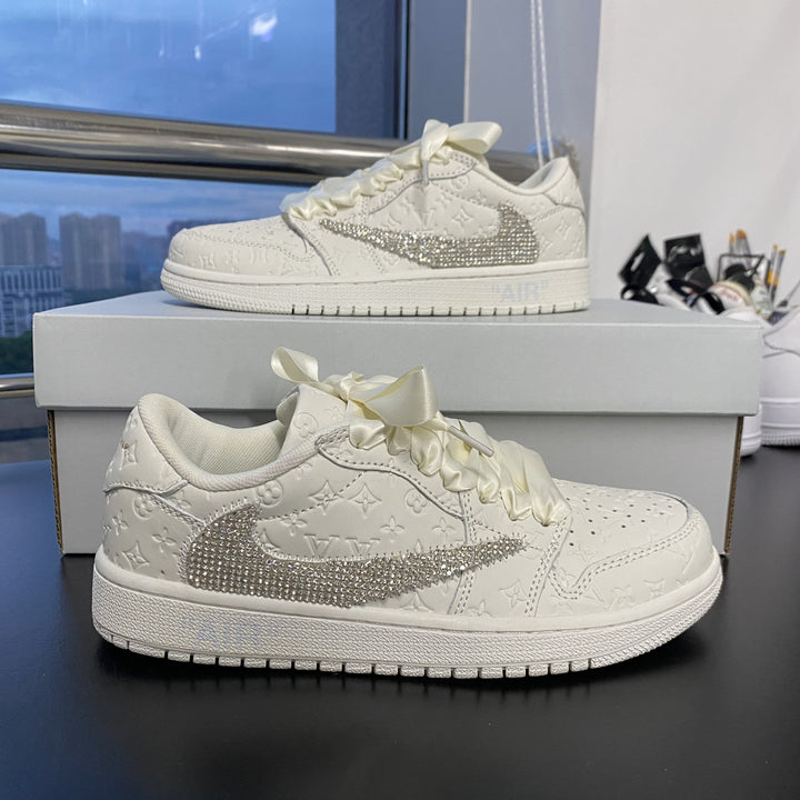 Custom Air Force 1 White with LV Logo and Rhinestones and Satin Laces