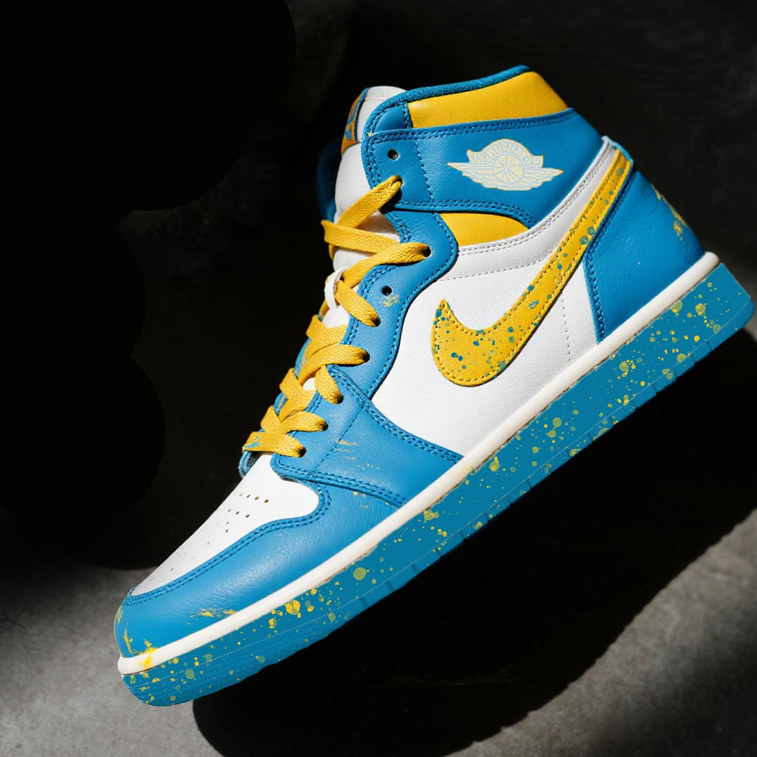 Custom Air Jordan 1 Blue White Yellow Splatter Pattern
