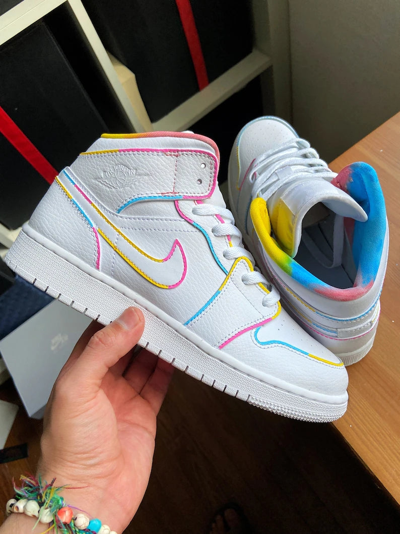 Custom Air Jordan 1 White Multicolor Stitching and Tie - Dye Collar