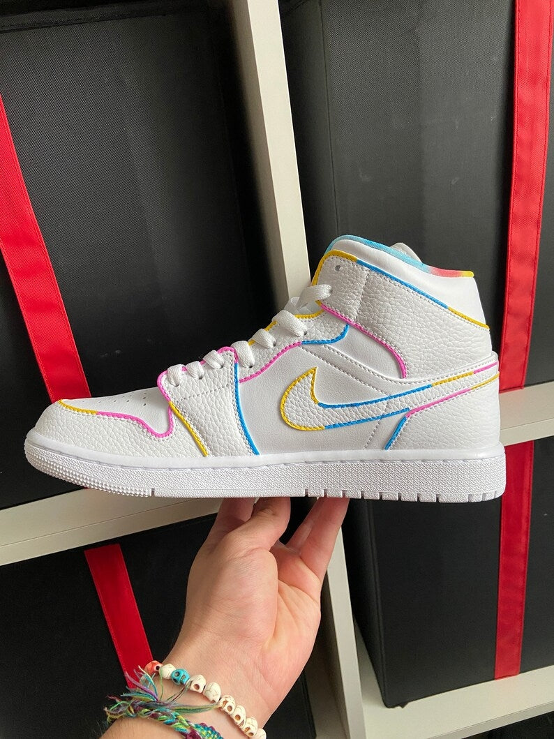 Custom Air Jordan 1 White Multicolor Stitching and Tie - Dye Collar