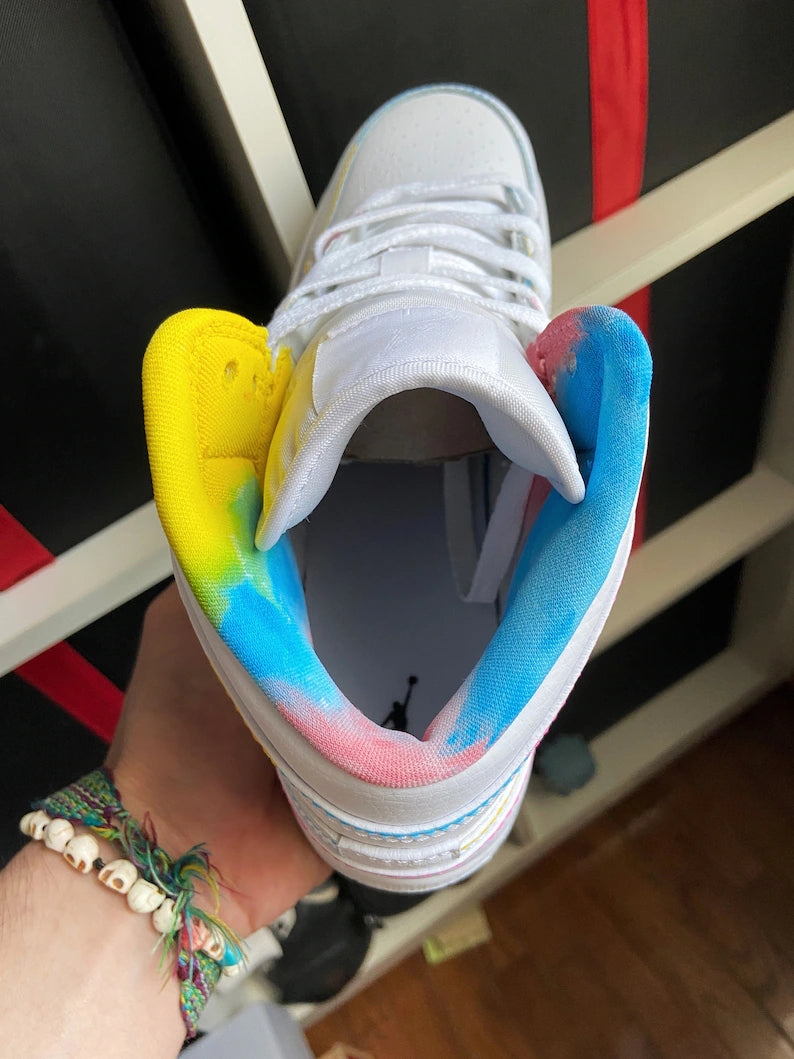 Custom Air Jordan 1 White Multicolor Stitching and Tie - Dye Collar
