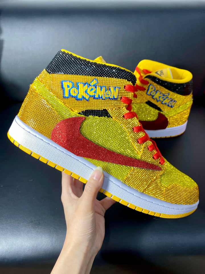 Custom Air Jordan 1 Yellow with Pokemon Logo and Glitter Swoosh