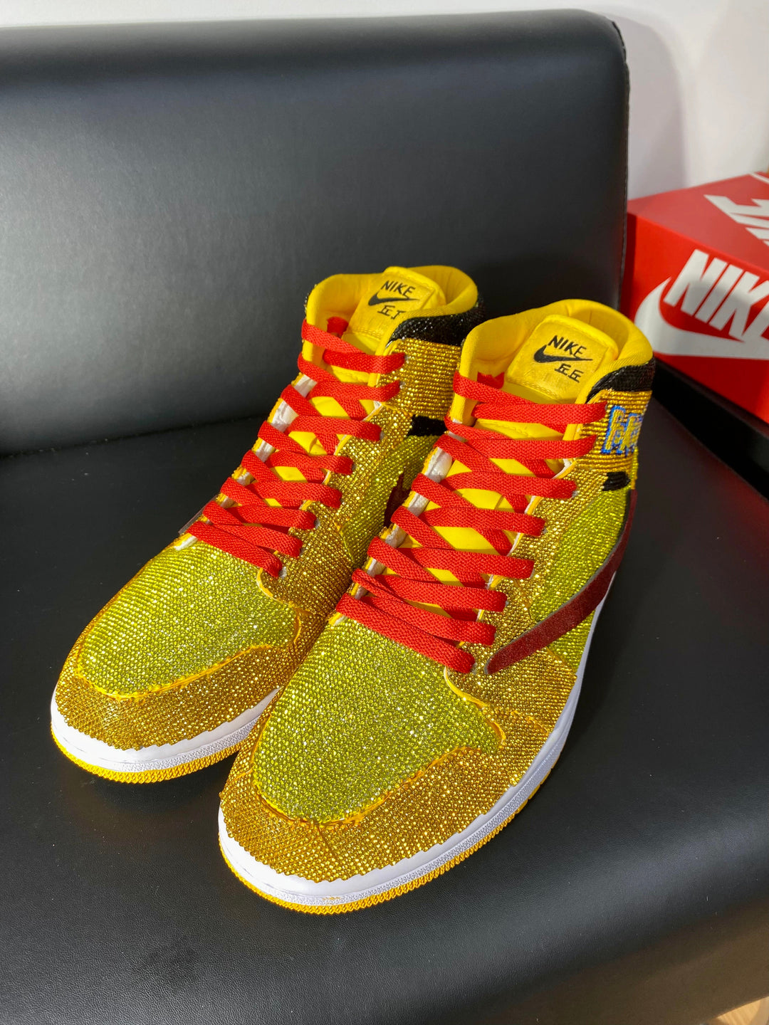 Custom Air Jordan 1 Yellow with Pokemon Logo and Glitter Swoosh