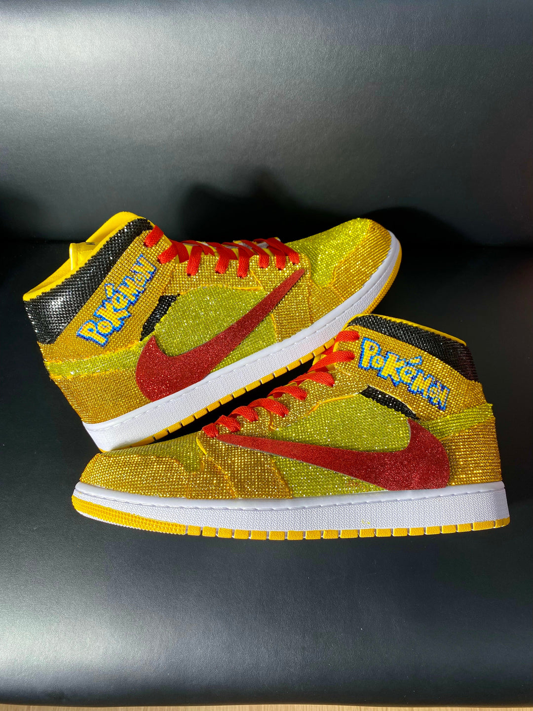 Custom Air Jordan 1 Yellow with Pokemon Logo and Glitter Swoosh