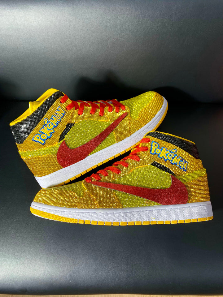 Custom Air Jordan 1 Yellow with Pokemon Logo and Glitter Swoosh