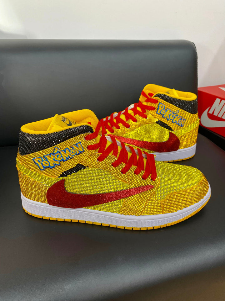 Custom Air Jordan 1 Yellow with Pokemon Logo and Glitter Swoosh