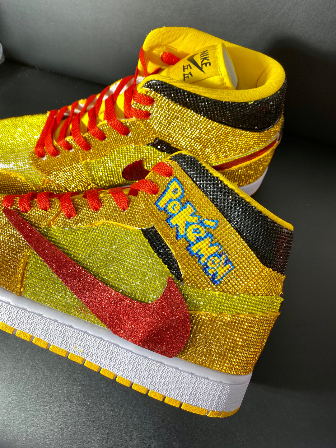 Custom Air Jordan 1 Yellow with Pokemon Logo and Glitter Swoosh