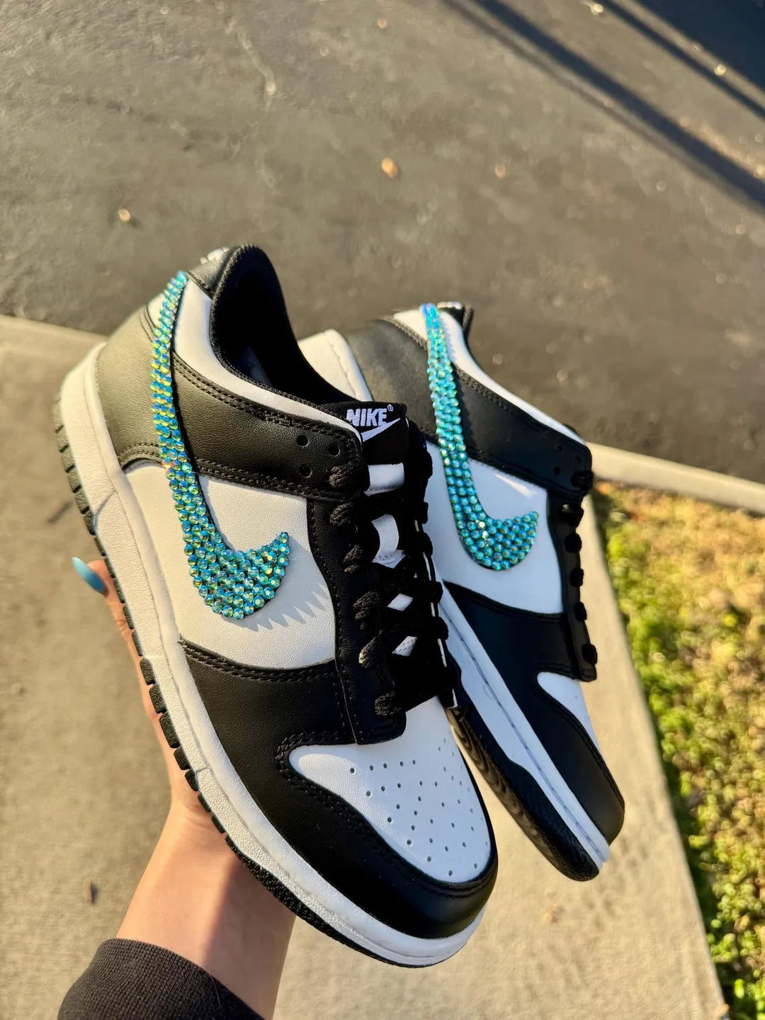 Custom Dunk Black White with Teal Rhinestones