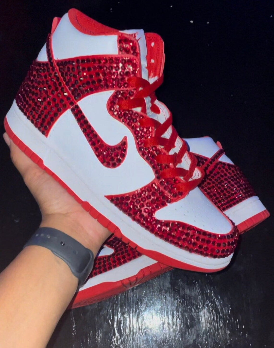 Custom Dunk White Red Rhinestones