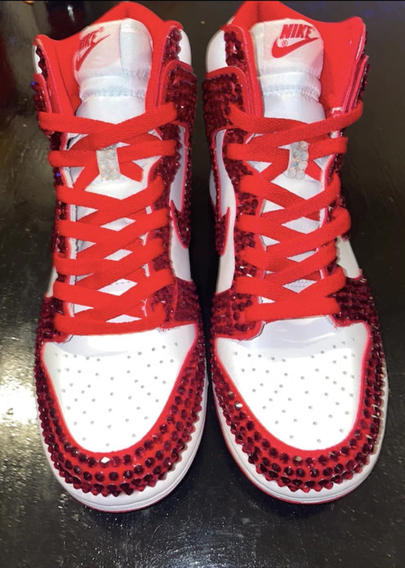 Custom Dunk White Red Rhinestones