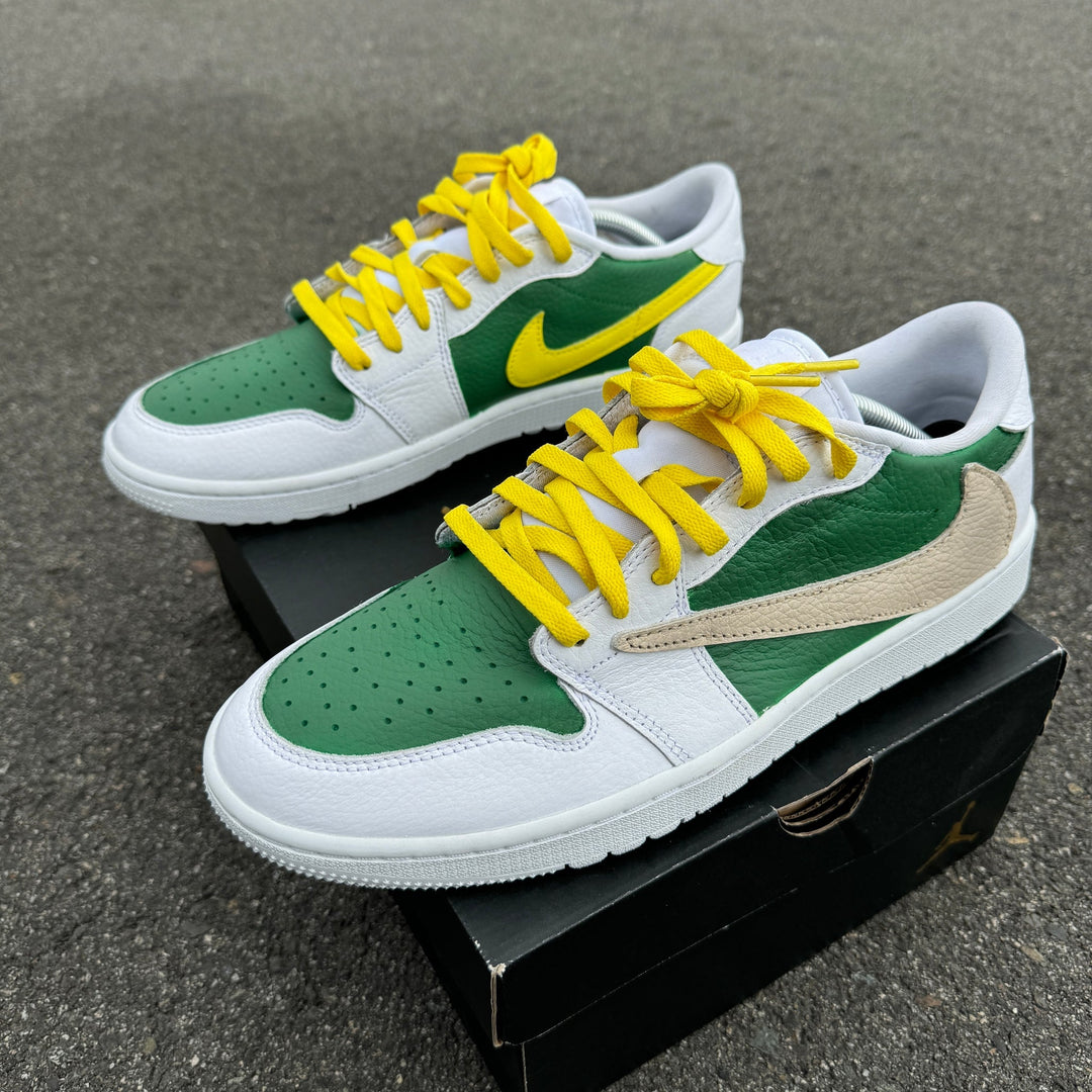 Custom Jordans Travis Scott White Green And Yellow With Beige Swoosh