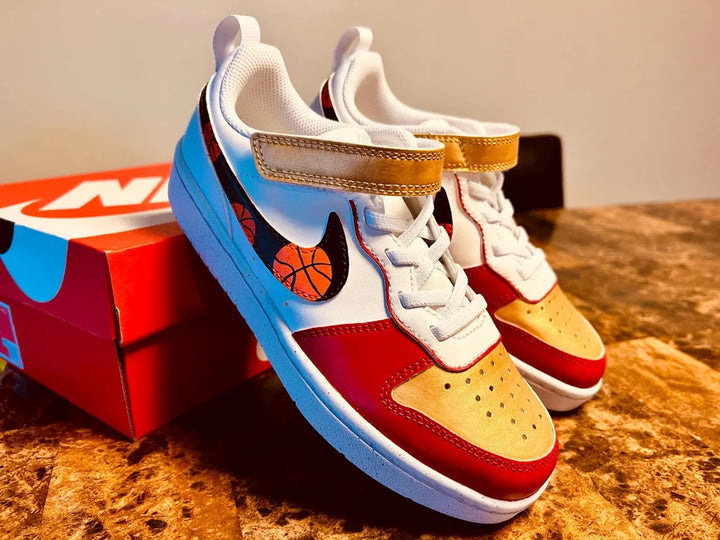 Custom Nike Court Borough White Red Gold Basketball Pattern