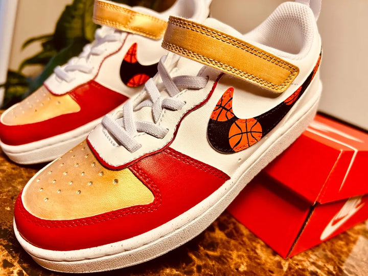 Custom Nike Court Borough White Red Gold Basketball Pattern