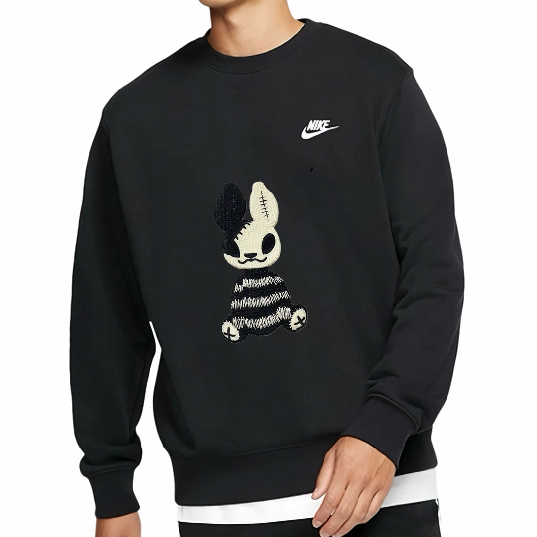 Custom Nike Embroidery Sweatshirt Black Bunny Pattern