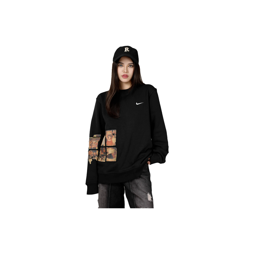 Custom Nike Sweatshirt Black With Vintage - style Patchwork Pattern