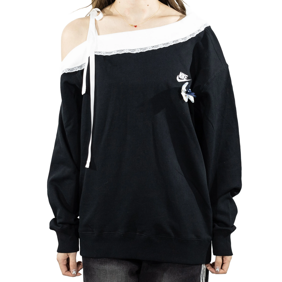 Custom Nike Sweatshirt Off Shoulder Black With White Lace And Bow