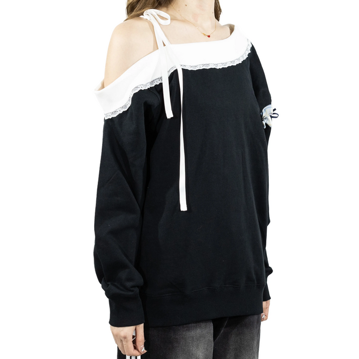 Custom Nike Sweatshirt Off Shoulder Black With White Lace And Bow