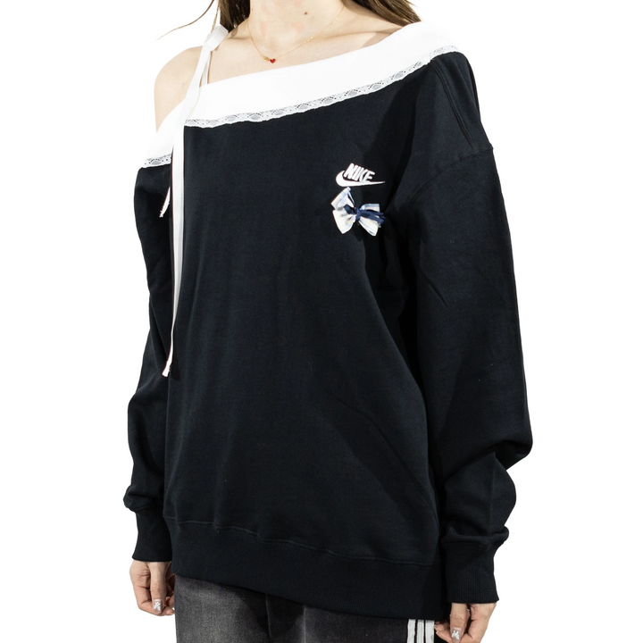 Custom Nike Sweatshirt Off Shoulder Black With White Lace And Bow