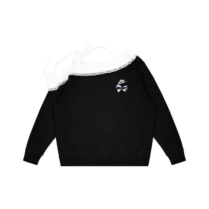 Custom Nike Sweatshirt Off Shoulder Black With White Lace And Bow