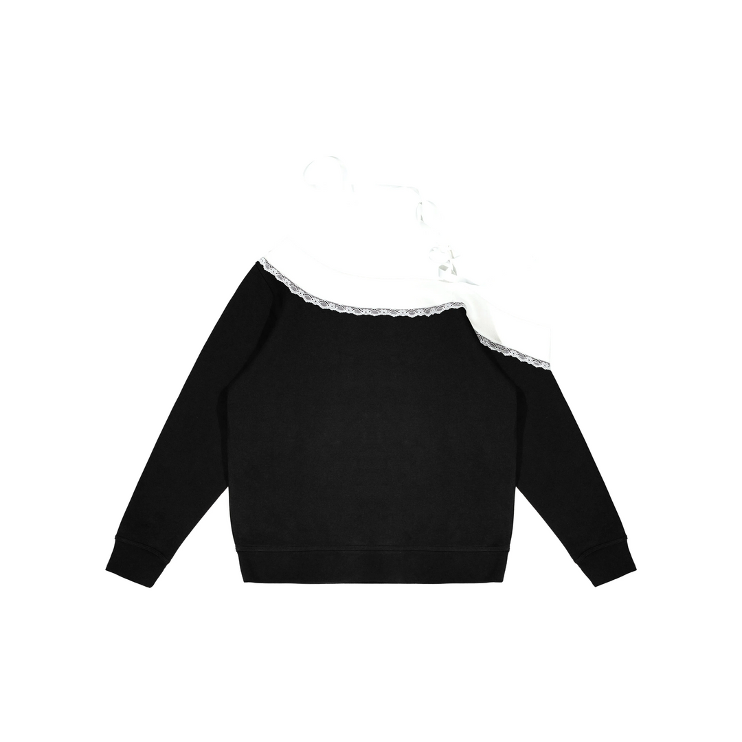 Custom Nike Sweatshirt Off Shoulder Black With White Lace And Bow