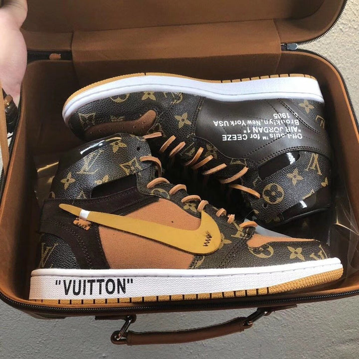 Custom Air Jordan 1 Khaki Chocolate LV Logo High