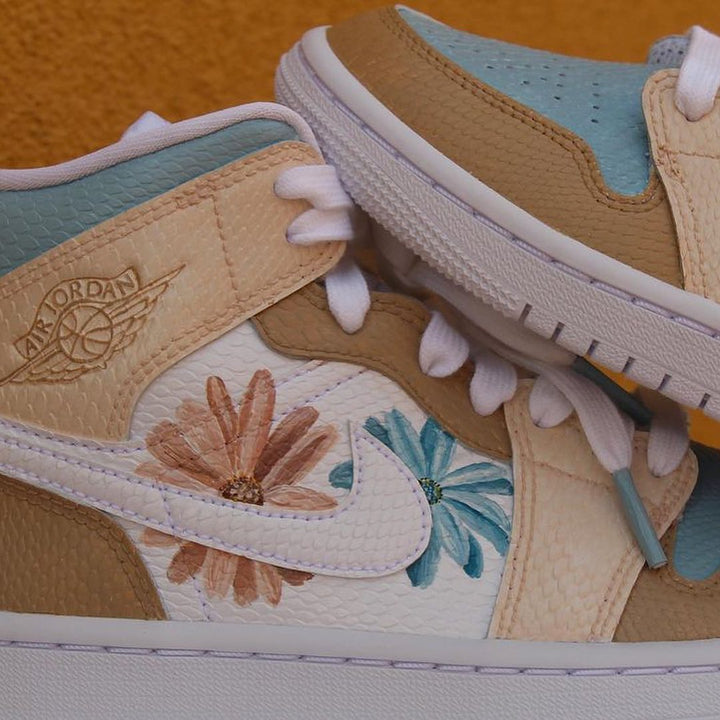 Custom Air Jordan 1 Khaki Blue Flowers