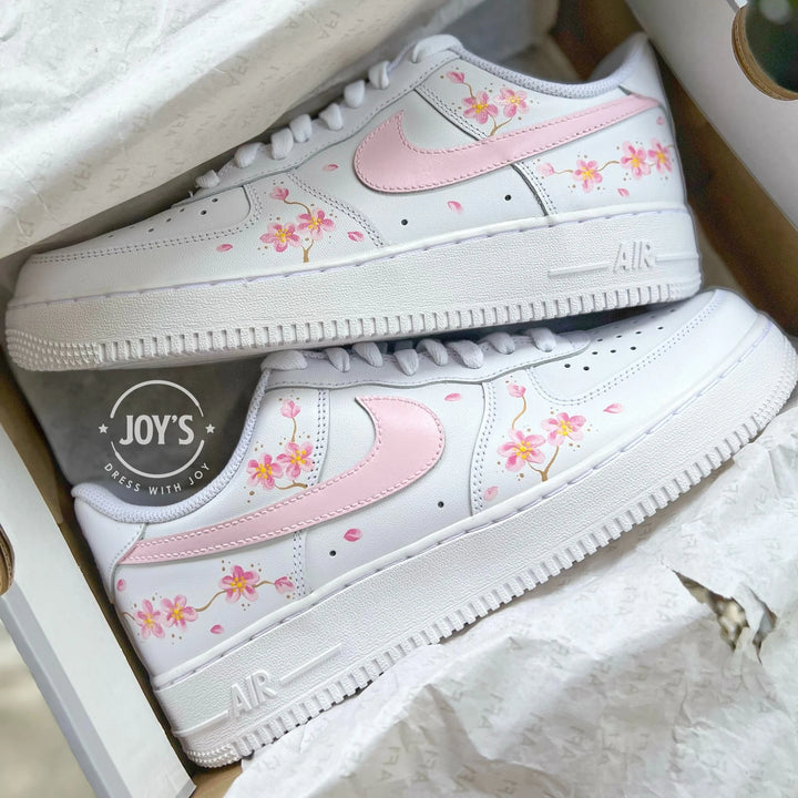Hand Painted Pink Sakura Cherry Blossom Custom Air Force 1, Cute Aesthetic Floral Design Custom Sneakers with Optional Matching Shoelaces for Women Girls