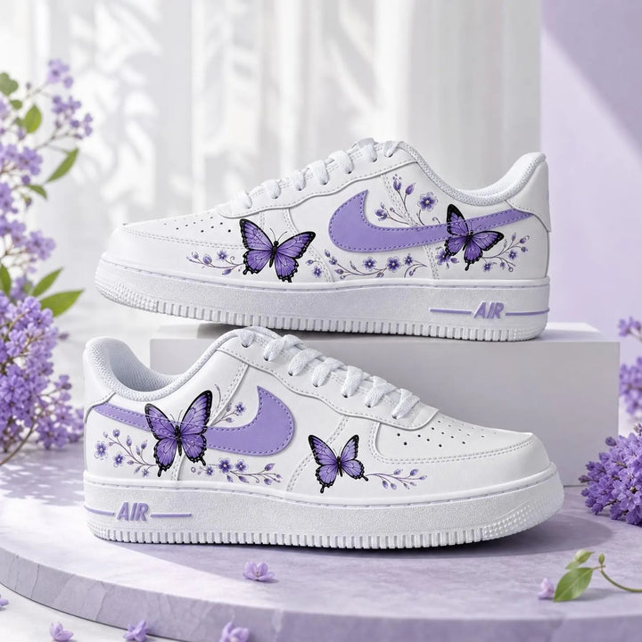Hand Painted Purple Flower Butterfly Custom Air Force 1 Weeding Sneakers