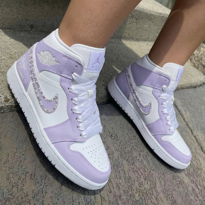 Pearl Rhinestone Swoosh Always Forever Lavender White Custom Air Jordan 1