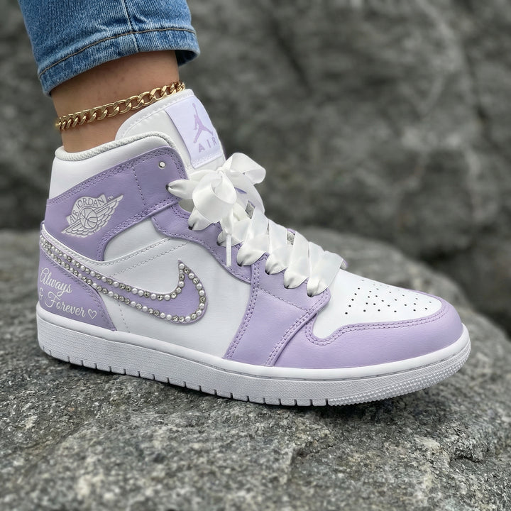 Pearl Rhinestone Swoosh Always Forever Lavender White Custom Air Jordan 1