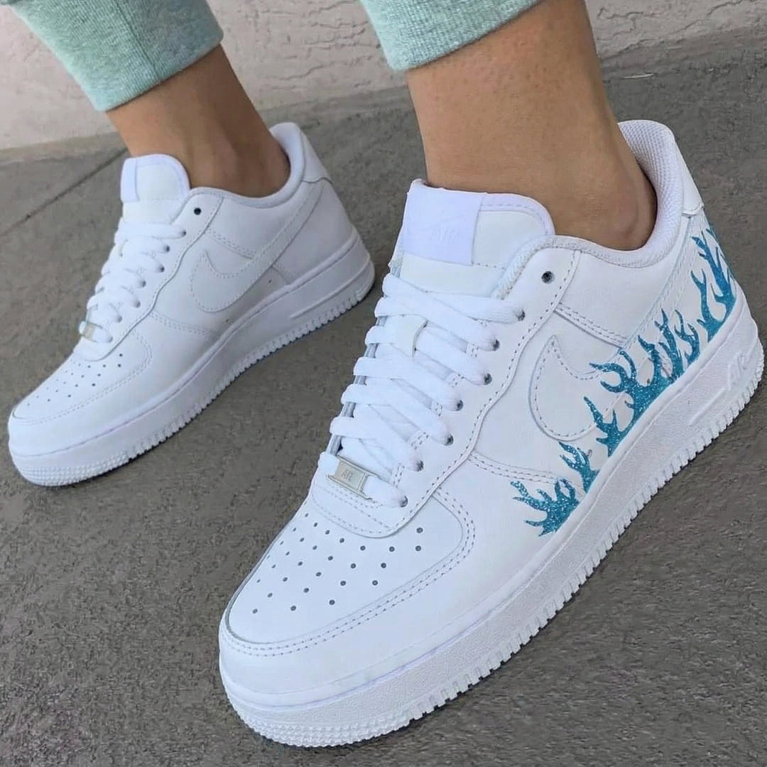 Sparkling Blue Glitter Flame Pattern Custom Air Force 1